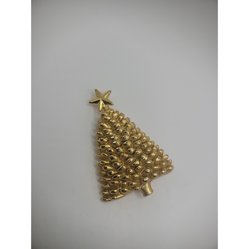 Vintage Brooch Pin Christmas Tree Star Textured Gold Tone Jewelry Costume